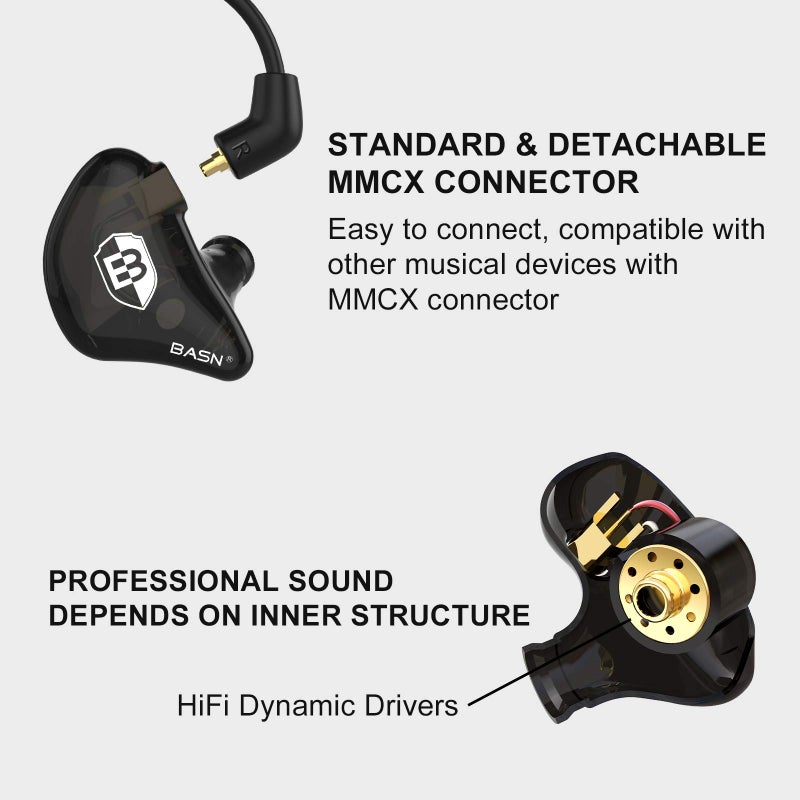 BASN in Ear Monitor Headphones for Musicians, Bsinger 2nd Generation Sound Isolating Earphones with Dual Dynamic Drivers Detachable MMCX Cable (Black)â€¦ - Image 2